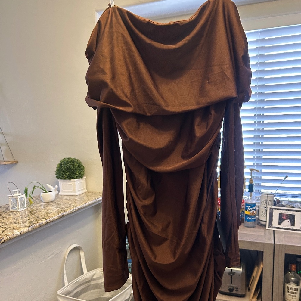 Lulus Dark Brown Off-the-Shoulder Ruched Mini Dress